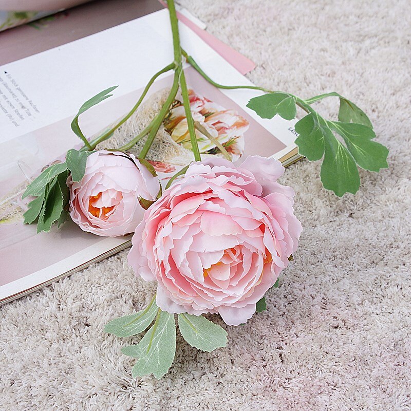 Silke pæon gren med grønne blade bryllup hotel dekoration kunstige blomster fotografering rekvisitter blomster: Lyserød