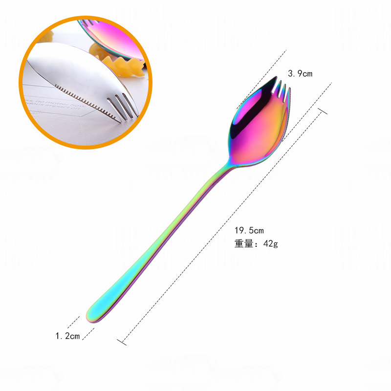 Stainless Steel Fork and Spoon Integrated Spoon and Fork Integrated Korean Household Long-Handled Salad Fork Dessert Fork Spoon: rainbow