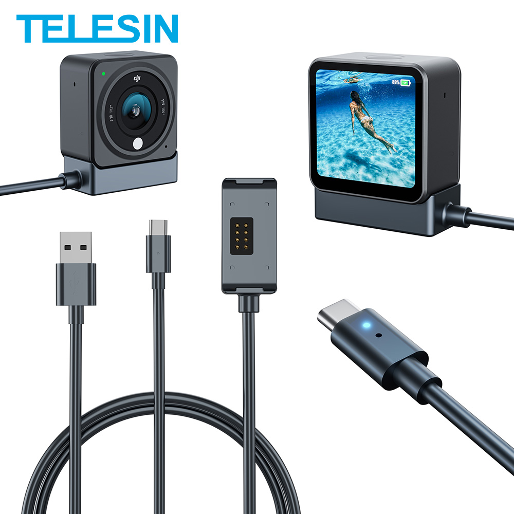 Telesin 2 In 1 Smart Fast Charger Magnetische Base Type C Gegevensoverdracht Kabel Voor Dji Action 2 Dual Screen power Combo Camera