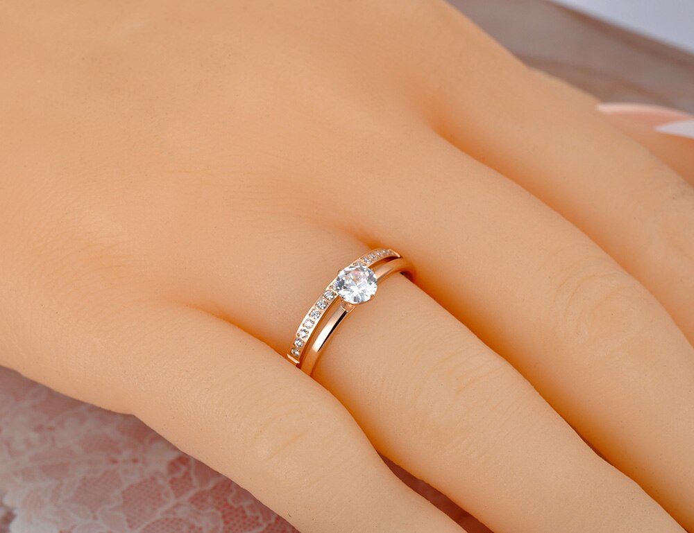 JeeMango Sparkling Titanium Stainless Steel Wedding Ring Jewelry Rose Gold Mosaic CZ Crystal Party Ring For Women JR19155