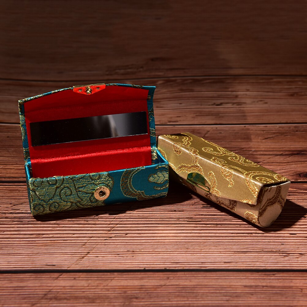 Opbergdoos met retro bloemenlippenstift en spiegel, sieradenhouder, willekeurige 1pc draagbare geborduurde lippenstiftdoos