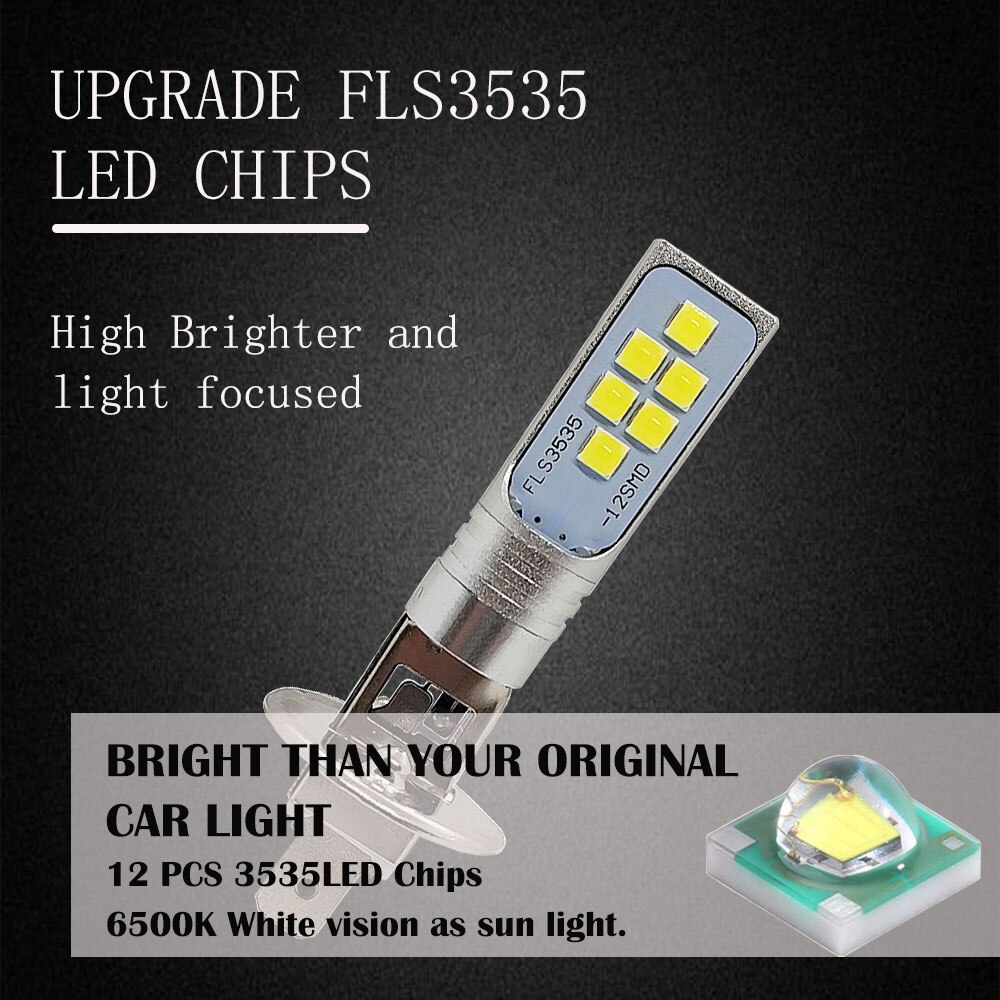 2 stk  h1 led pære super lyse 12 stk 3535 smd bil tågelygter 6500k drl  h3 led dagslampe køredagslampe auto 12v 24v hvid