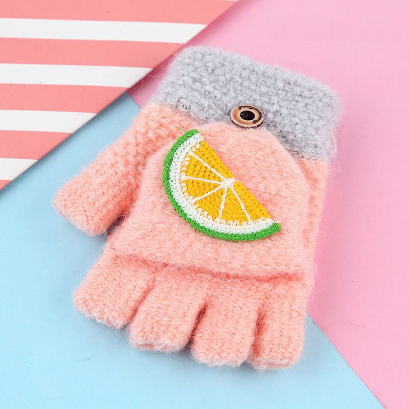 Los niños guantes sin dedos para niña lindo Niño de dibujos animados de invierno cálido bebé de lana guantes niños al aire libre manopla de mitad de dedo: pink