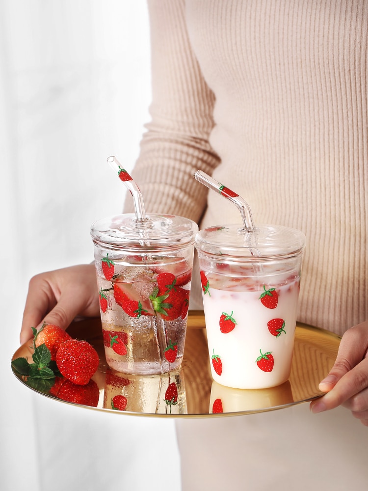 Jordbær glas vand kopper med glas halm 320ml glas med halm mælk juice kop til børn kæreste