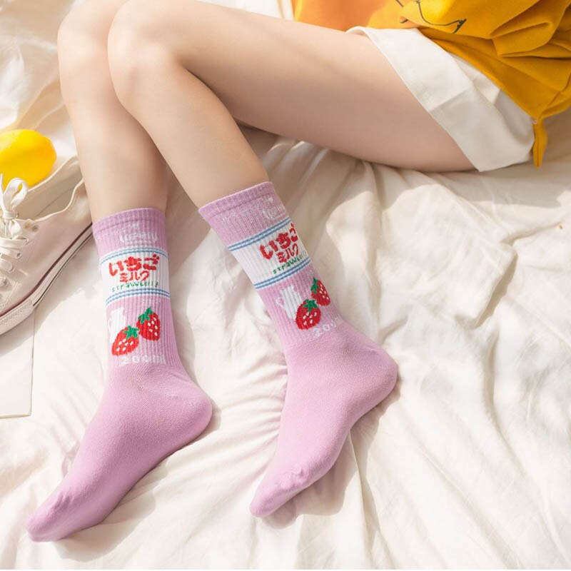 Harajuku kawaii glade kvinder sokker mælk mad maleri jordbær dyreprint sjove sokker sød sok
