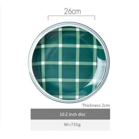 Green plaid series Plate Set Ceramic Kitchen Plate Tableware Set Food Dishes Rice Salad Noodles Bowl Soup Kitchen Cook Tool 1pc: 10.2 inch dish
