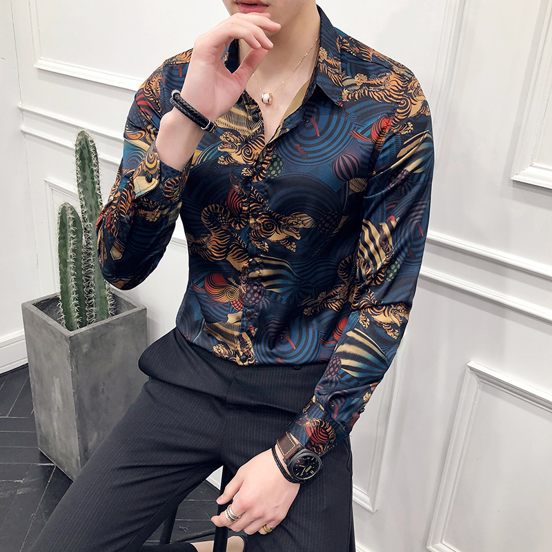 Animal Print Modeshow Vintage Shirt Mannen Camisa Masculina Slim Fit Club Party Prom Gedrukt Mens Shirt Chemise Homme