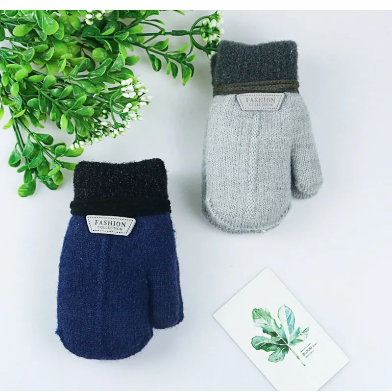 Children's Gloves Winter Solid Thicken Plus Velvet Halter Gloves For Kids Toddler Outdoor Keep Warm Knitted Mittens With Rope