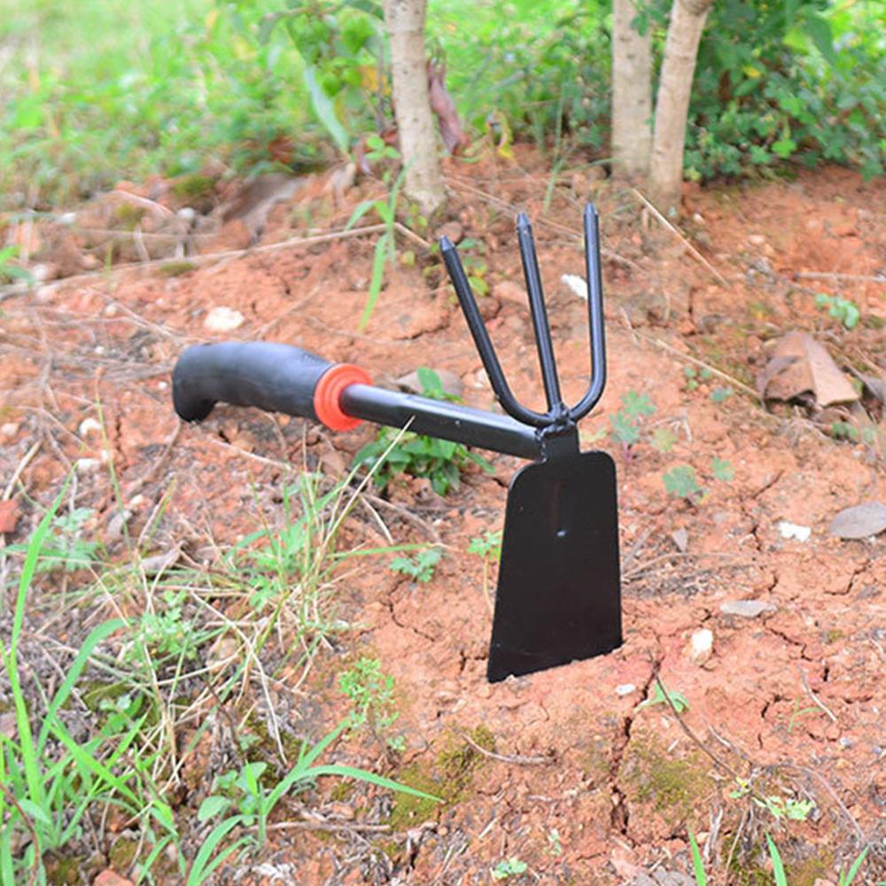 Herramienta de jardinería rastrillo de cinco dientes pala de dos usos mango de goma negro Juego de jardinería pala de jardín plantación de hogar