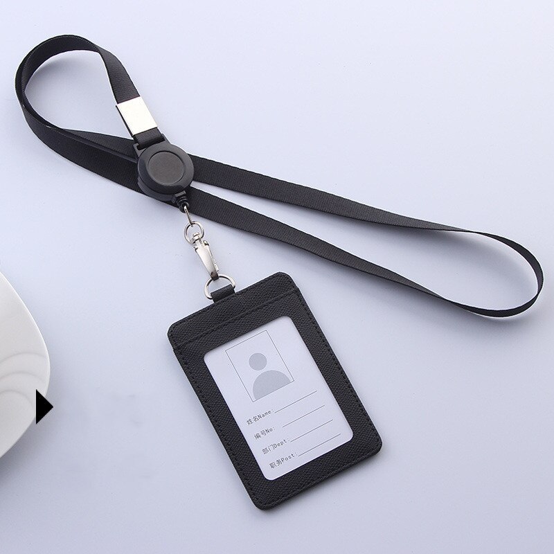 PU Leather Lanyard retractable badge holder ID card holder school lanyards id badge holder horizontal badge holder transparent: black-Vertical