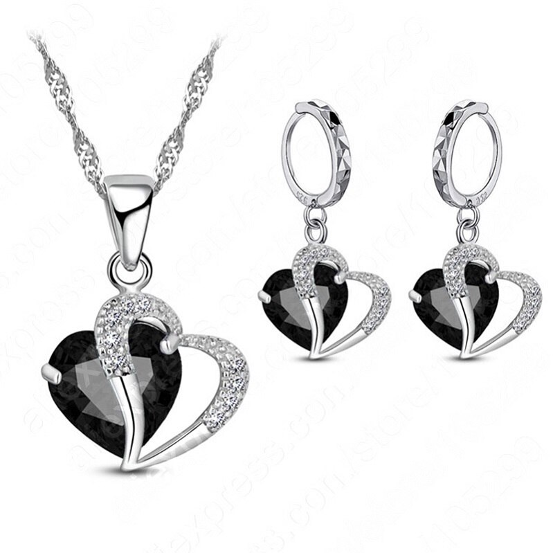 Collier et boucles d&#39;oreilles en argent Sterling 925 pour femmes, ensemble de luxe avec pendentif en Zircon cubique, bijoux de Piercing en Cartilage, cœur de mariage: black