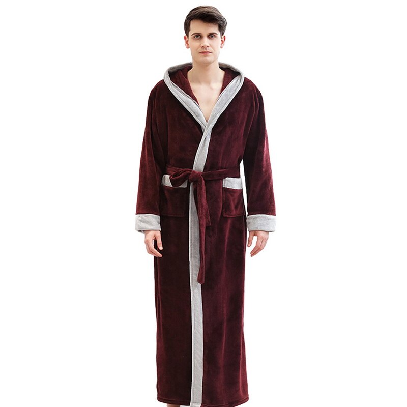 Männer Plus Größe extra Lange Warme Flanell Pelz Bademantel Herren Winter Nachtwäsche Männliche Mit Kapuze Schlecht Kleid Frauen Korallen Dressing Kleid: Wein rot / M