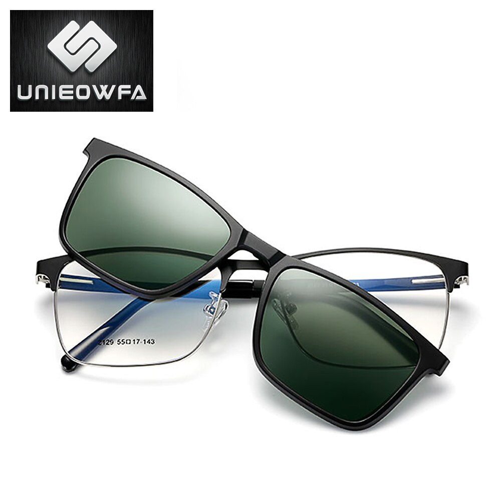 Optical Magnet Clip On Glasses Frame Men Myopia Polarized Clip On Sunglasses Men Clear Prescription Eyeglasses Frame Transparent: C5 Dark Green