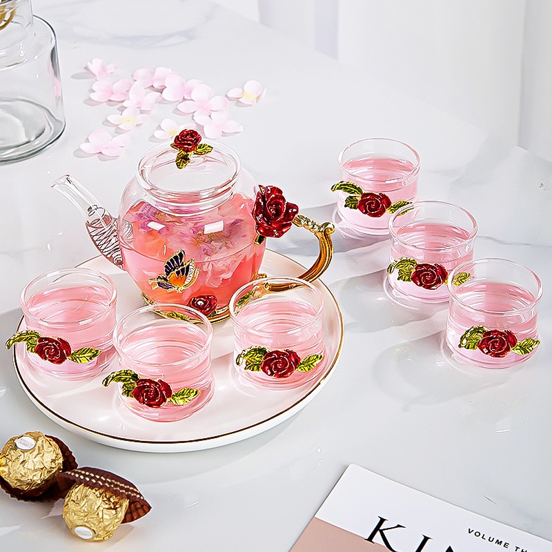 Juego de té de cristal con esmalte de rosa roja, juego de tazas de vidrio para té con flores, tazas de vidrio para té para bebidas calientes y frías, juegos de té y la Oficina para el hogar,