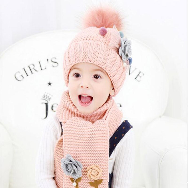 Doitbest flower children's winter hat beanies sets velvet wool kids boys Knit fur hats winter 2 pcs baby girl scarf set