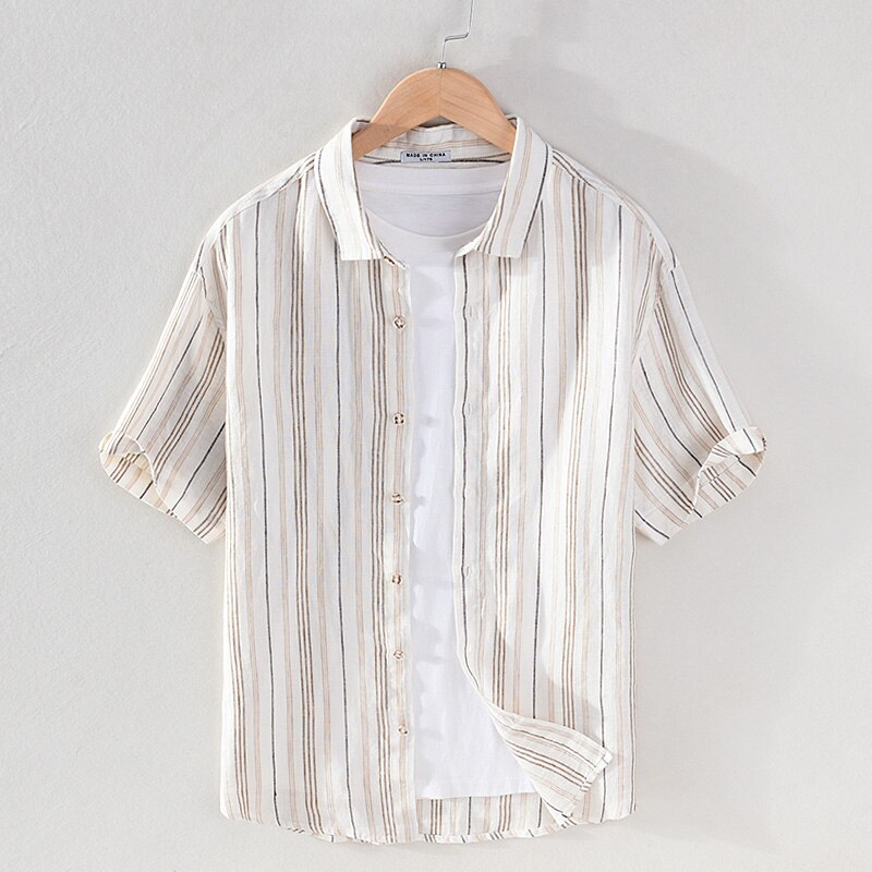 100% Linen brand stripe shirt men comfortable short sleeve shirts for men tops mens clothes camisa chemise: apricot / XXL (Asian size)