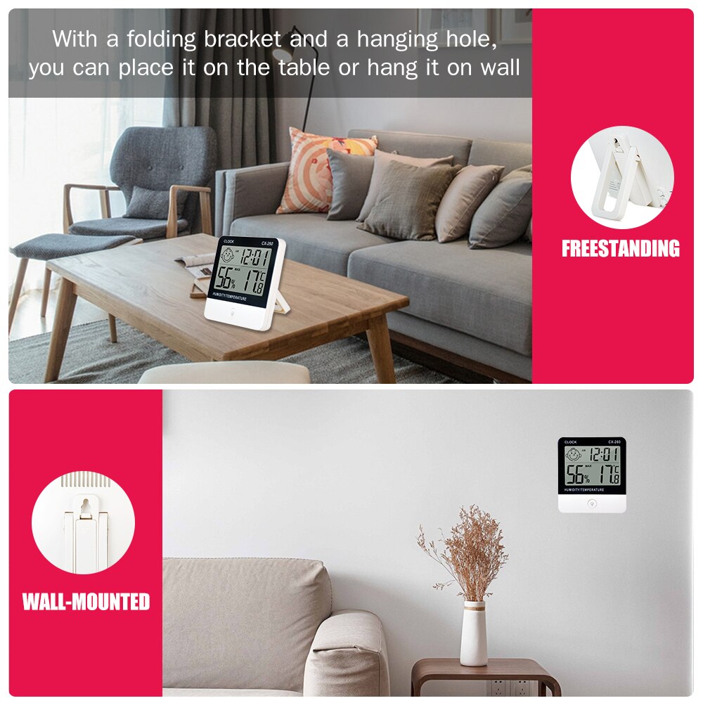 Digital Thermo-Hygrometer Thermometer Hygrometer Indoor Room Temperature Humidity Gauge Meter Alarm Clock for House Office Hotel