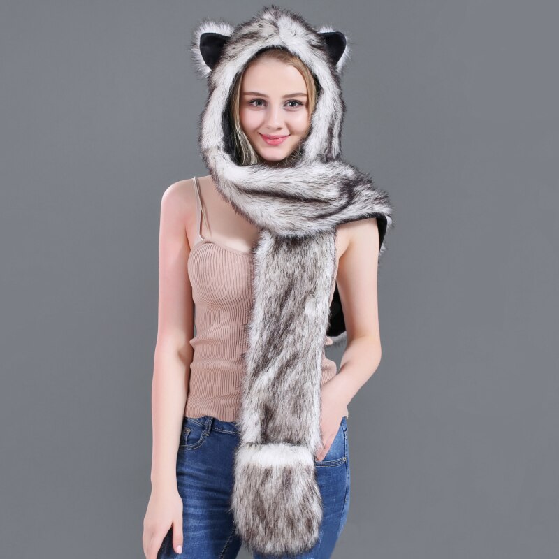 Sh002 pluche imitatiebont mutsen dames heren schattige dieren muts warme winter muts met lange wanten sjaal muts handschoenen set winter oorkleppen muts