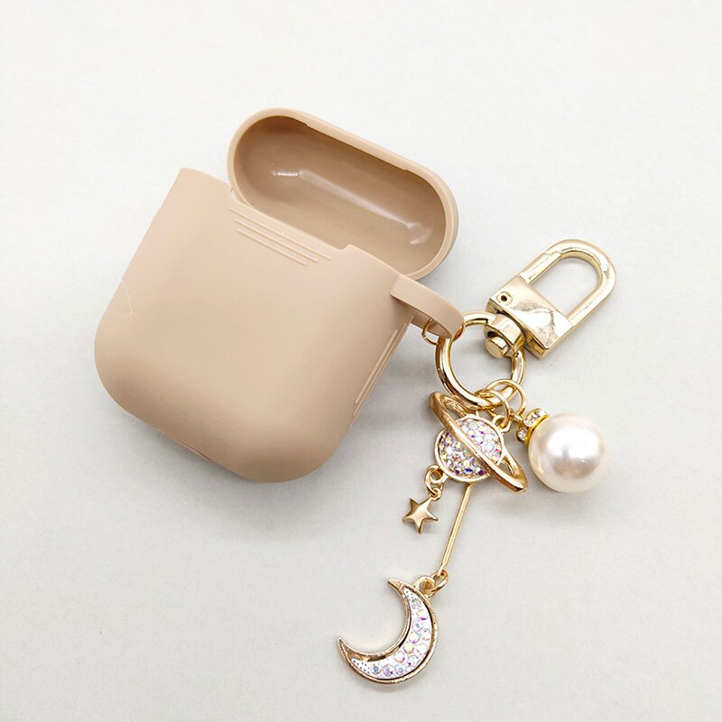 Luxury Diamond Moon Silicone Case for Apple Airpods Case Accessories Bluetooth Earphone Headphones Protect Cover Pearl Key Ring: Khaki