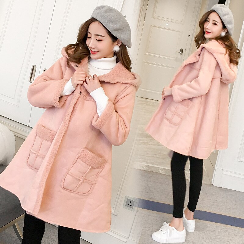 BONJEAN Autumn Winter Pregnancy Outwear Pink Velvet Maternity Jackets Hoodied A Line Loose Coats Clothes For Pregnant Women