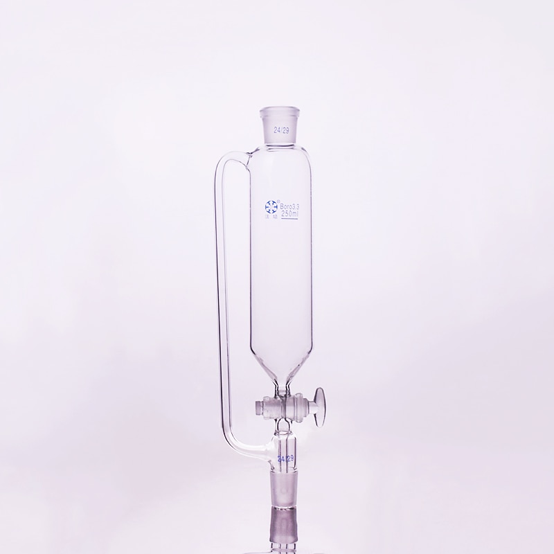 Separatory funnel constant pressure cylindrical shape,standard ground mouth.Capacity 250ml,Joint 24/29+24/29,Glass switch valve