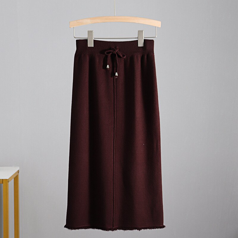 GIGOGOU Autumn Winter Knit Women Skirt Drawstring Midi Skirts Autumn Winter Long Maxi Bodycon Skirt Pencil Sweater Skirt: Coffee G188