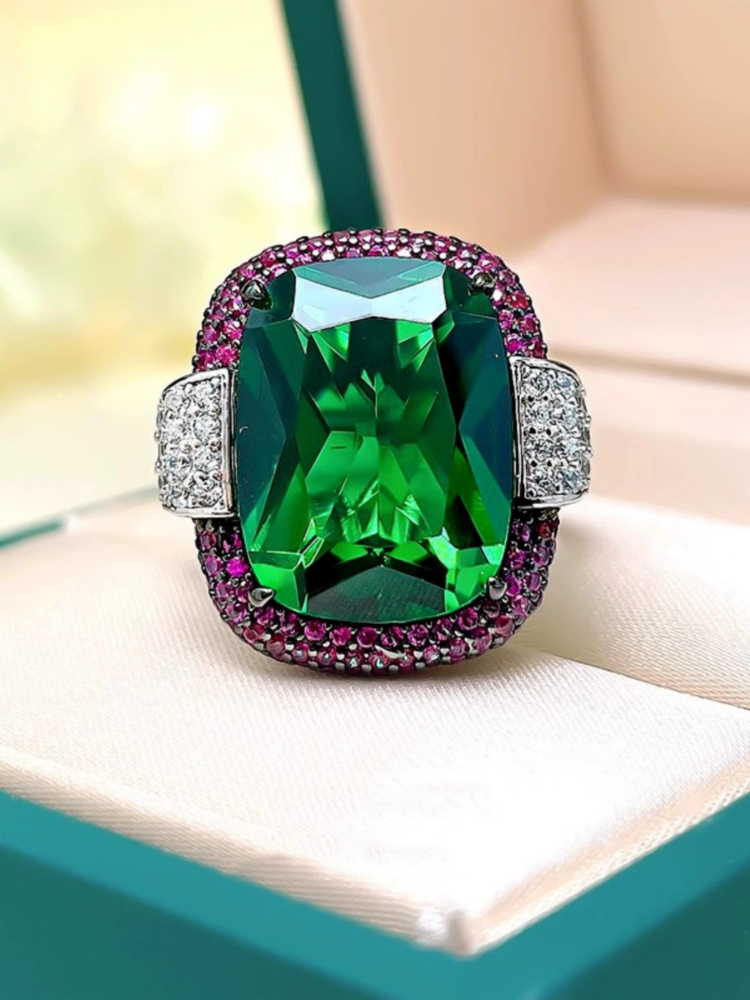Anelli di smeraldi rubini color argento per le donne Fedi nuziali con diamanti da laboratorio Pietra preziosa Cocktail Party Gioielleria raffinata Regalo di anniversario femminile