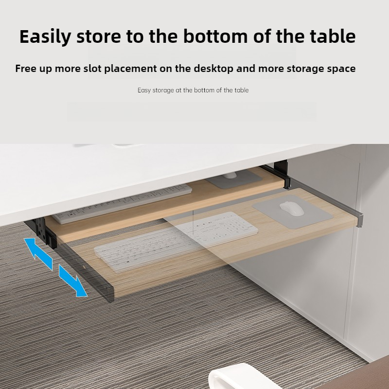 Pöydän alle tarkoitettu näppäimistöalusta, liukukisko, laatikko korkeussäädettävillä pöytälisävarusteilla, sisäänvedettävä hiiren jalusta tietokonetyöasemaan