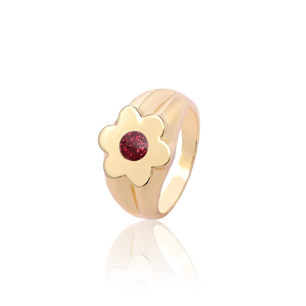 Flatfoosie Neue Koreanische Blume Metall Ringe für Frauen modisch Gold Farbe Emaille Blume Geometrische Index Finger Ringe Partei Schmuck: 010301RD