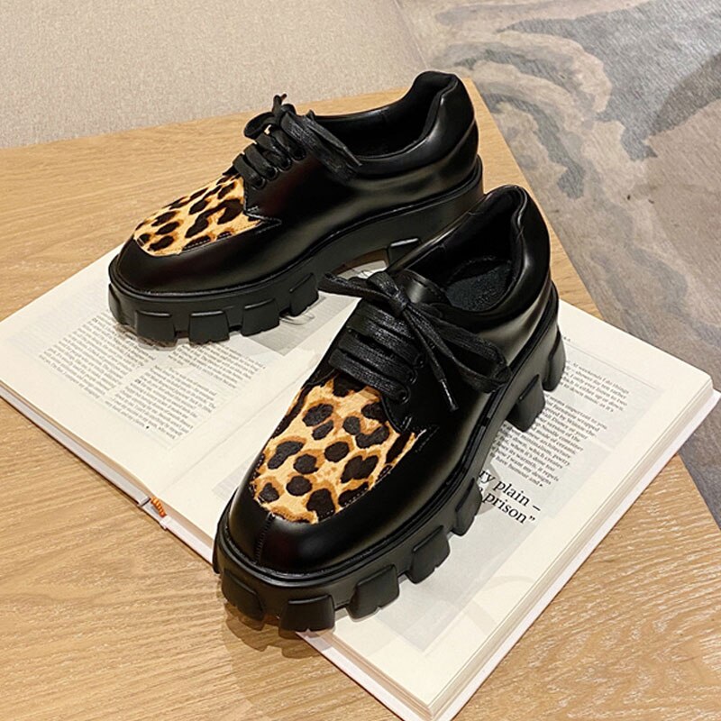 Lente herfst dames plateauschoenen dikke zool casual schoenen dames flats veterschoenen oxford schoenen dames schoenen loepard: Zwart / 35