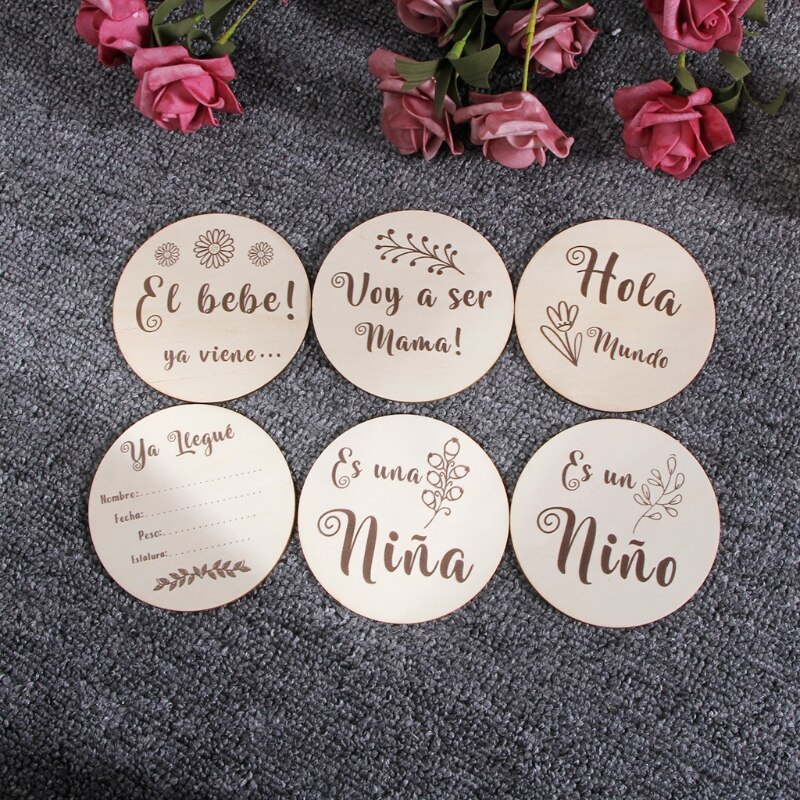 6 Stks/set Handgemaakte Baby Milestone Kaarten Pasgeboren Maandelijkse Opname Kaarten Spaans Taal Letters Bloemenprint Photocards Zuigelingen