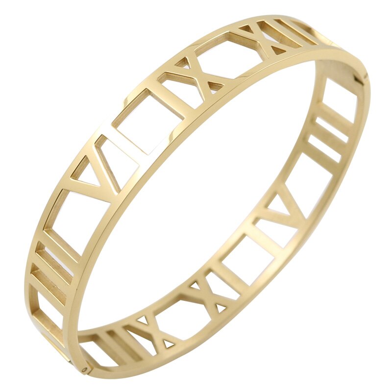 Cuff Bangles Bracelets For Woman 12MM Roman Numerals Stainless Steel Gold Plating Bangle Female Male Jewelry Wristband: Gold Color