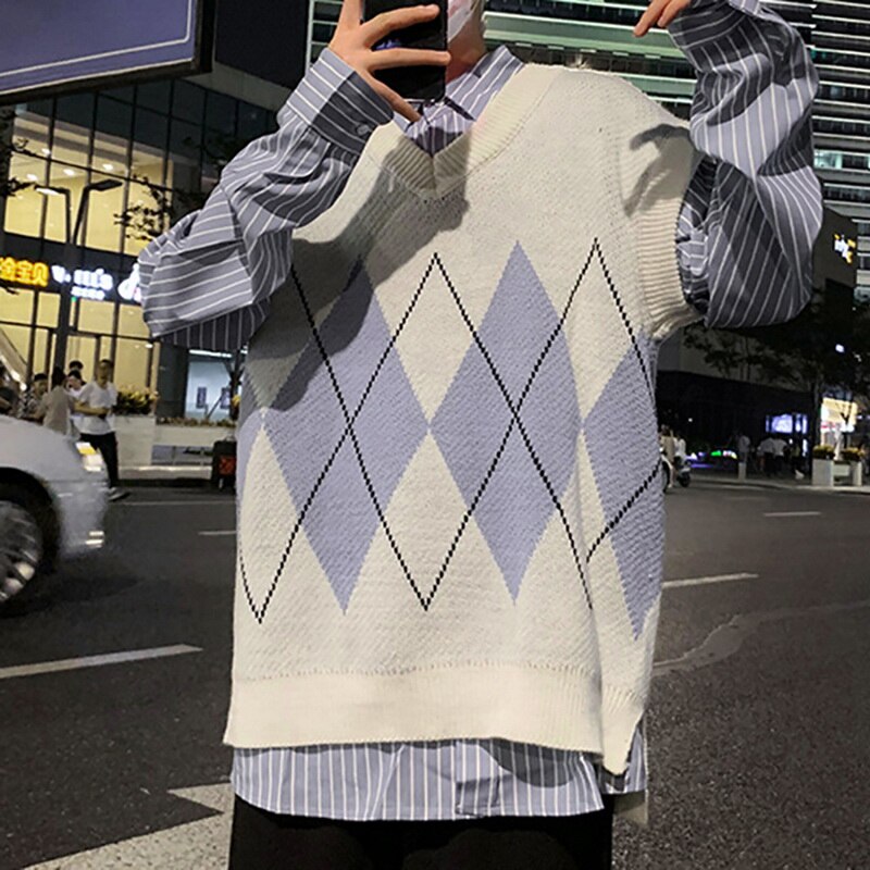 Suéteres sin mangas con cuello en V para hombre, retales con corte lateral, estilo pijo, Retro, ,