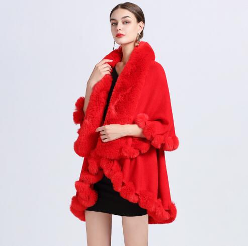 Cárdigan con cuello de piel de conejo sintética para mujer, de 2 capas capa larga, Poncho cálido y suelto, abrigo de invierno, 10 colores: Rojo