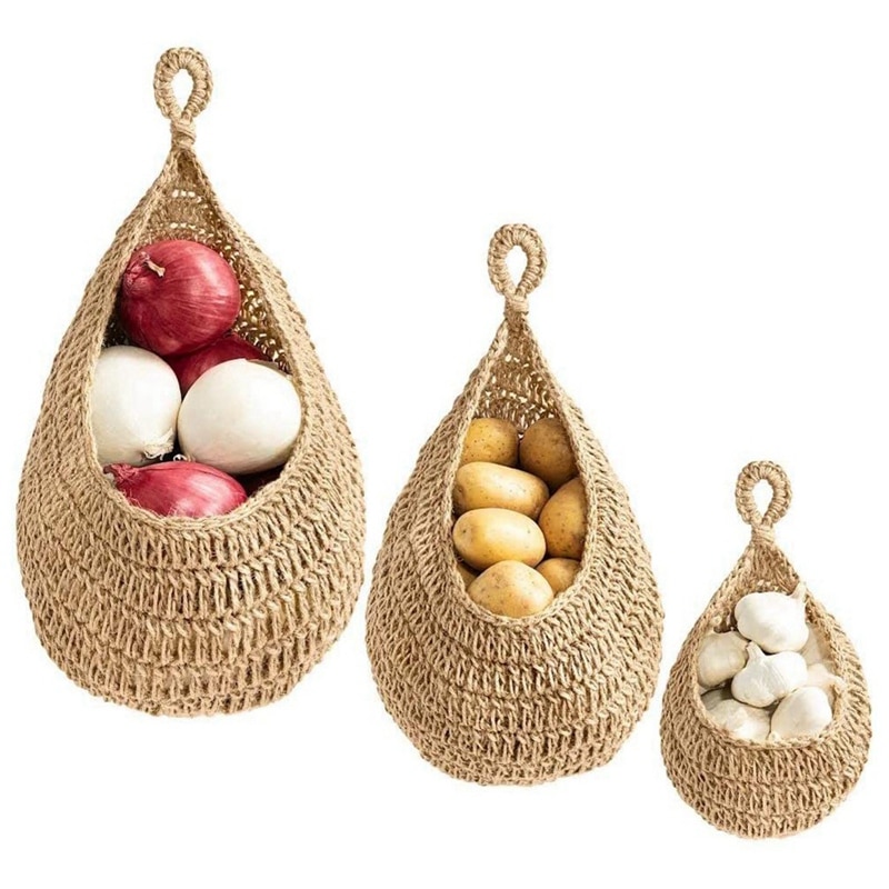 CHmiss Panier Boho Suspendu Pour Fruits, Corbeille Murale en Jute Tressé, Panier Osier Fait Main, Cuisine, Salon, Porche