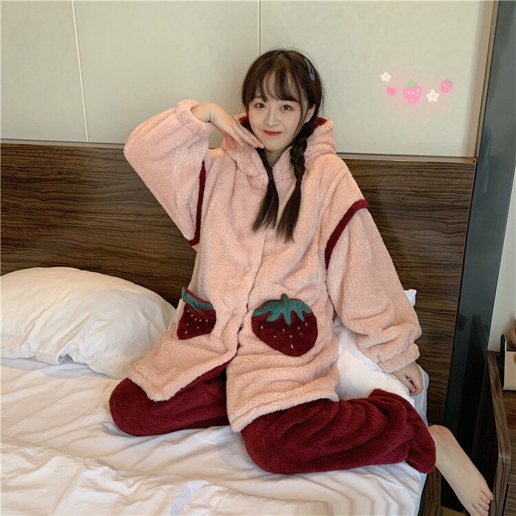 Vinterpyjamas kvinder bukser varm pyjamas koreansk kæreste jordbær hættepyjamas hjemmeservicedragt: B kulør