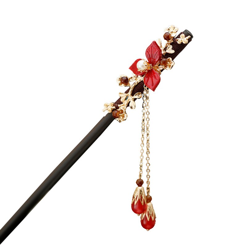 Bruid Klassieke Hanfu Cheongsam Kanzashi Haarspeld Rode Bloem Kwastje Haar Stok Oudheid Super Fee Haarspeld Haar Clip Cosplay: Default Title