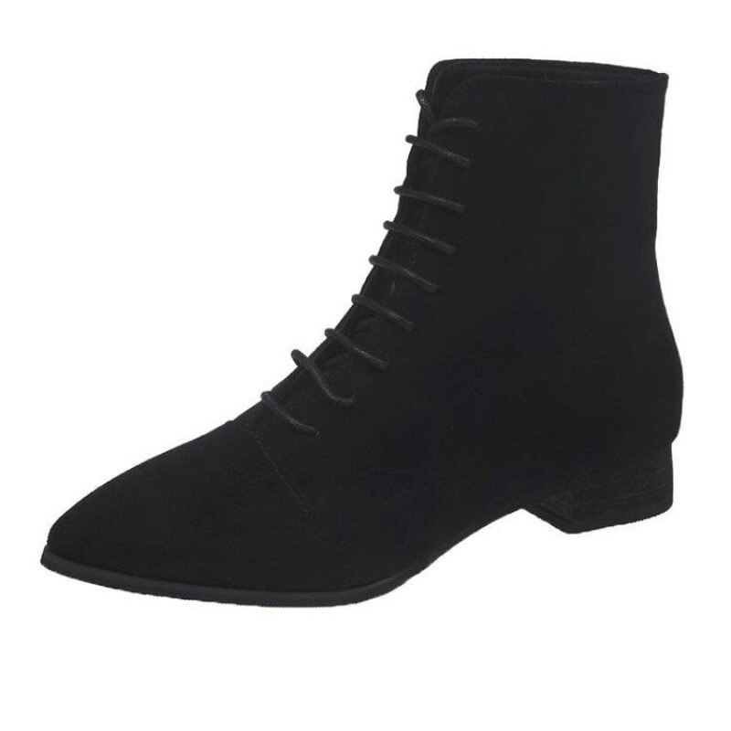 Autumn Woman Pointed Toe Ankle Boots Lace Up Flock Flat Boot Low Heels Booties Ladies Shoes Black botas mujer Spring 8702G