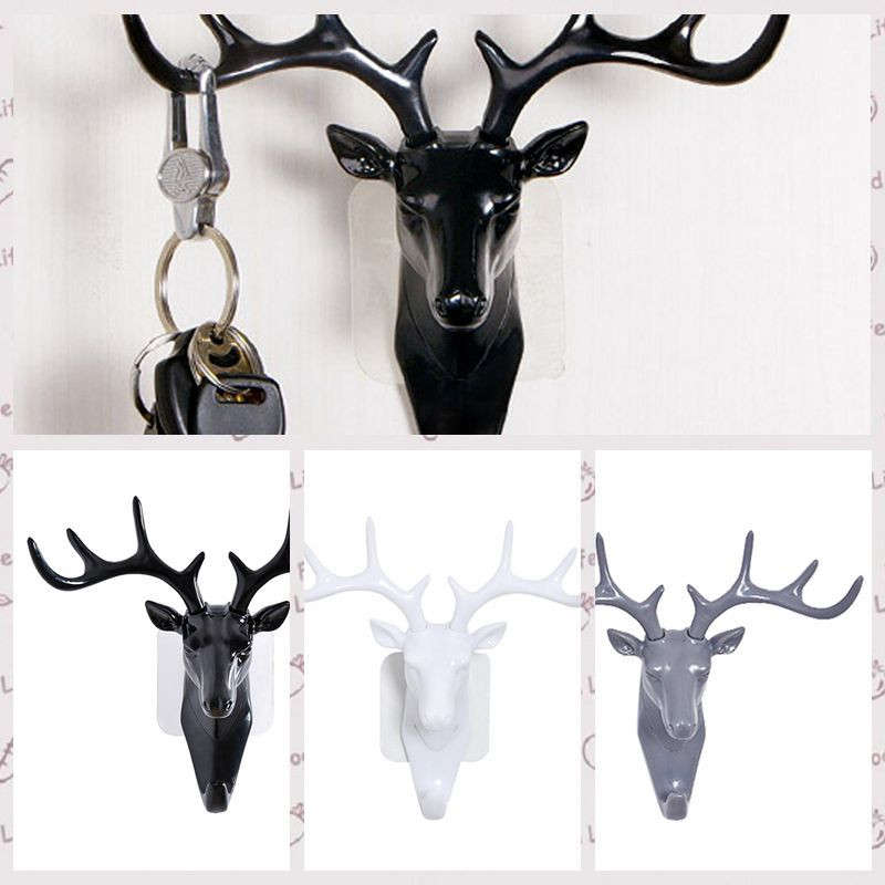 Deer head Self Adhesive Wall Door Hook Hanger Bag Keys Sticky Holder Living room bedroom coat hook without trace head hook #4J06