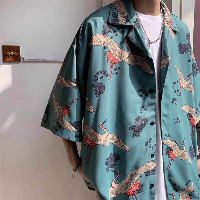 Sommer løs kortærmet skjorte herretøj ulzzang koreansk stil tøj krantryk hawaiiansk hiphop oversized skjorte til mænd: Grøn / L