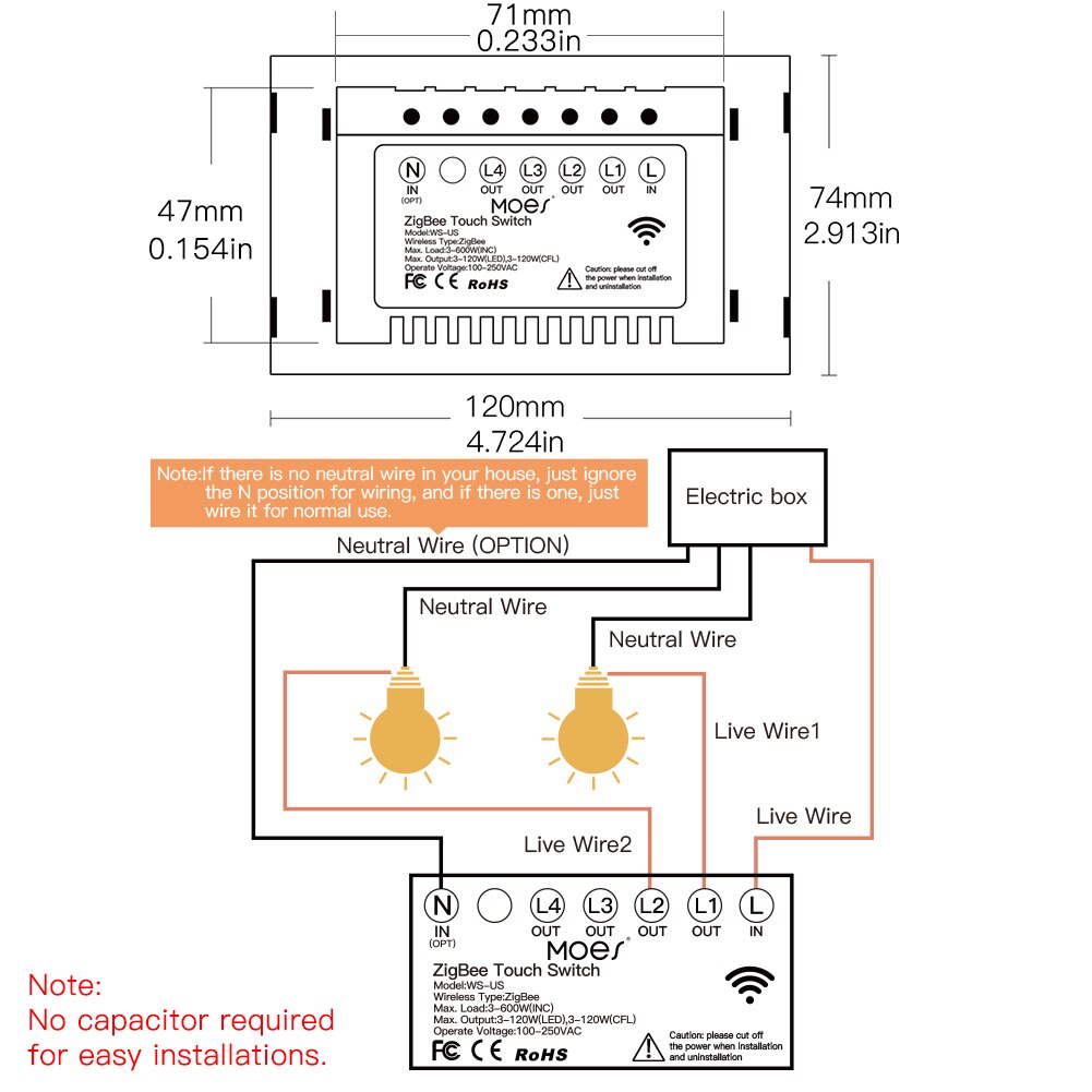 Zigbee Muur Touch Smart Lichtschakelaar Met Neutrale/Geen Neutraal, geen Condensator Smart Leven/Tuya Werkt Met Alexa,Google Hub Nodig