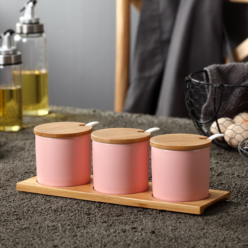 Keramische Specerij Opslag Jar Creatieve Keramische Keuken Kruiden Tank Set Olijfolie Fles Suiker Zout Shaker Kruidkruik: pink  zs