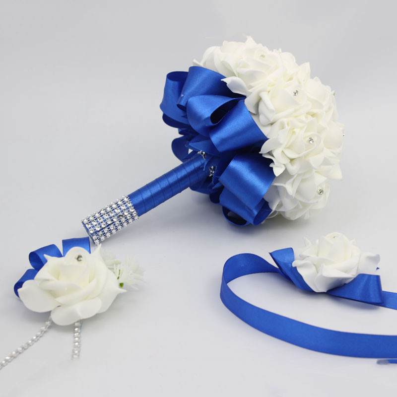 3 stks/set Bridal Bruidsmeisje Kunstbloemen houder Bruidsboeket Boutonniere Pols Corsage Set Thuis Party Bruid Accessoires: Royal blue