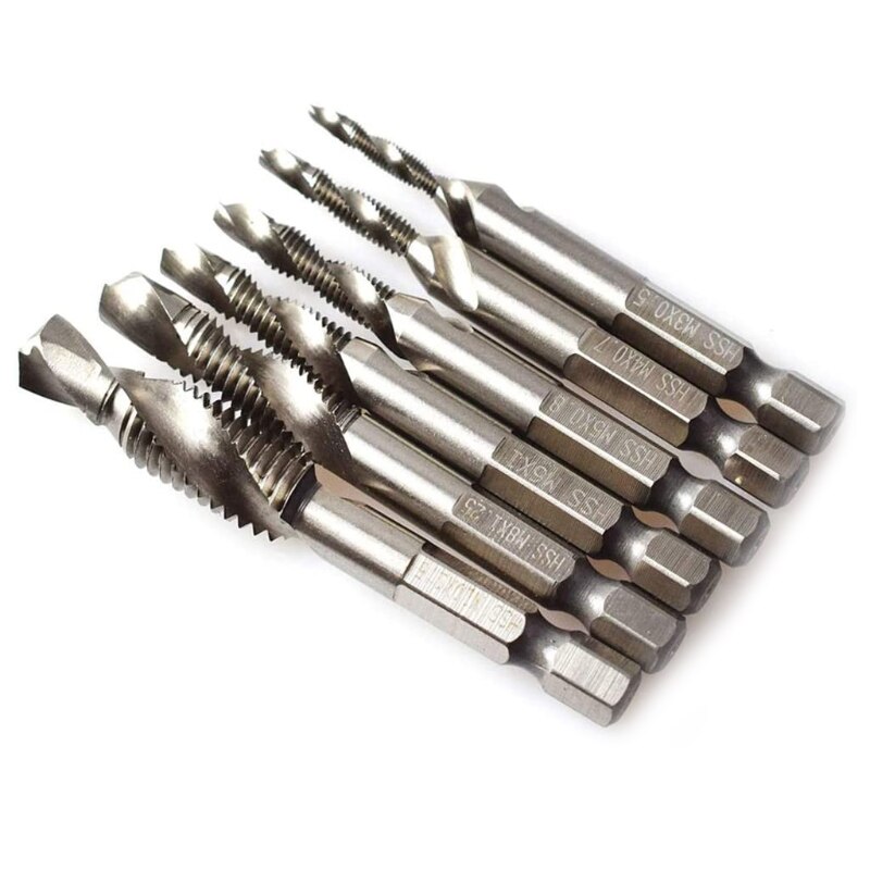 6pcs M3-M10 Screw Tap Drill Bits HSS Taps Countersink Deburr Set Metric Combination Bit 1/4Inch Hex Shank Quick Change