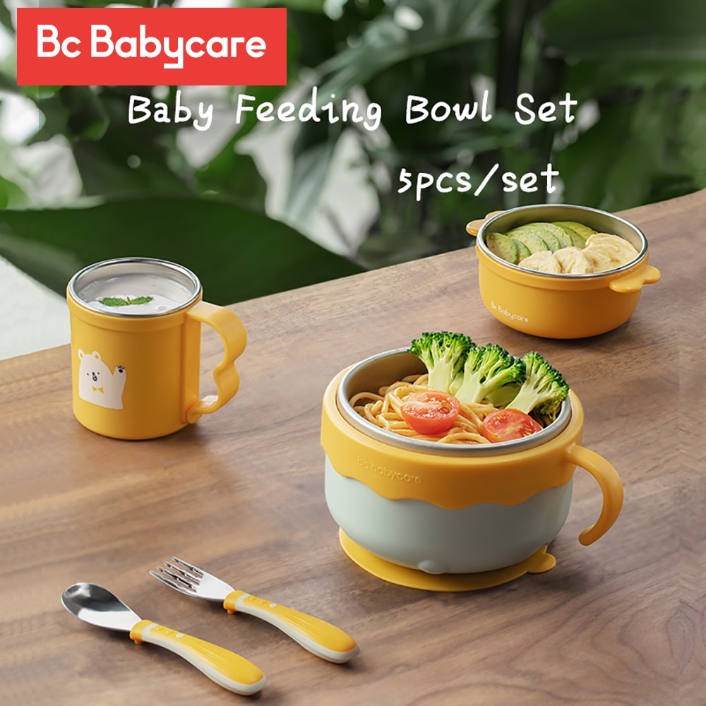 BC Babycare 5pcs Set di stoviglie per bambini mantieni caldo ciotola di alimentazione in acciaio inossidabile antiscottatura + forchetta cucchiaio + Set di tazze piatti da pranzo ventosa
