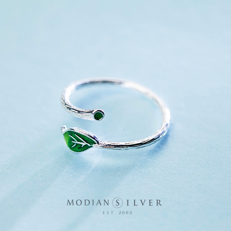 Modian Groen Emaille Bladeren Tak Ring Voor Vrouwen Echt 925 Sterling Zilveren Plant Gratis Grootte Ring Fijne Sieraden