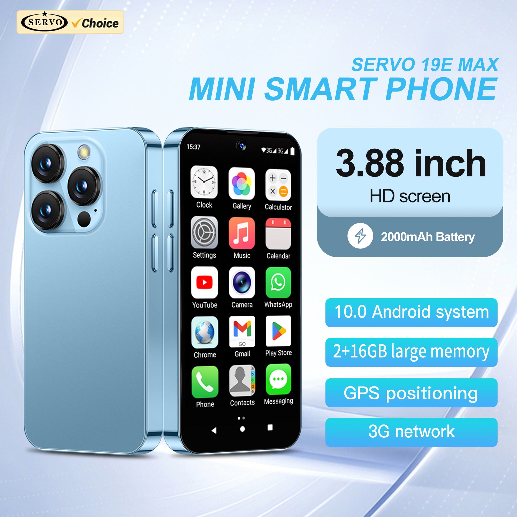 Oficial servo 19e max 3g pequeno smartphone os android10.0 play store 2gb + 16gb wifi rosto desbloquear 3.88 "tela cheia mini celulares