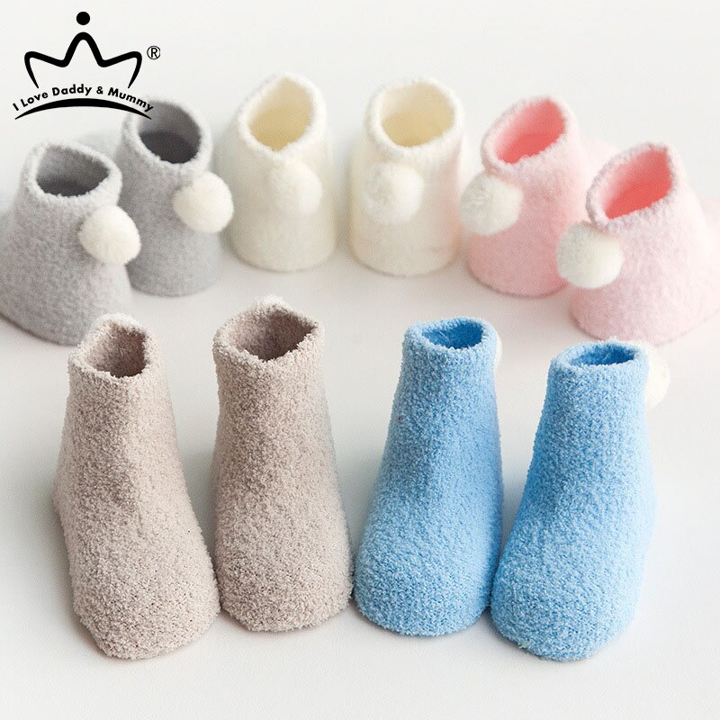 3 paire/lot hiver -né bébé chaussettes corail polaire bébé garçon fille chaussettes avec pompon couleur unie infantile chaussettes