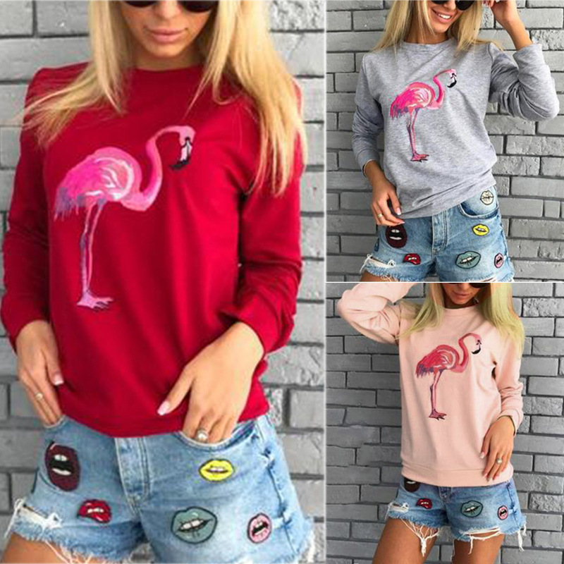 Frauen Flamingo Gedruckt Langarm Sweatshirt Hoodies Tops Bluse Frauen Outdoor-Sport Hoodies Lauf Hoodie