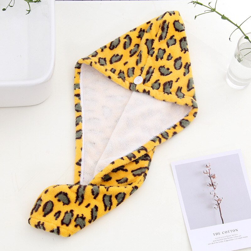 Serviette de séchage de cheveux de velours de corail serviette de cheveux d'impression de léopard de microfibre: YELLOW